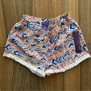 Hot Gal Blue Orange Chevron HighWaist Beach Shorts, White Hem, Small